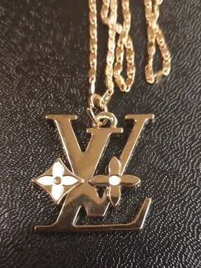 LV Gold Logo Charm Pendant Necklace 18KT GP